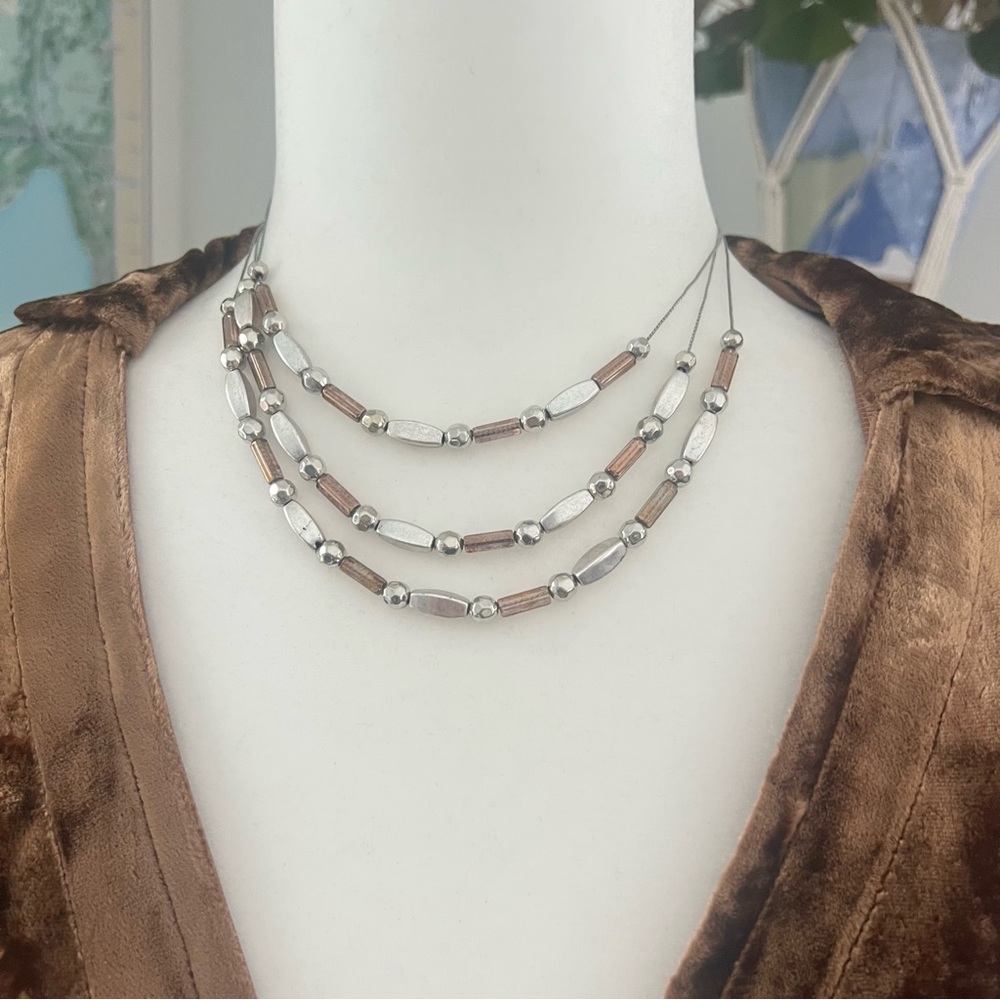 Elegant Triple Strand Silver and Brown Beaded Necklace